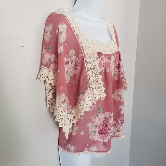 E Anthropologie XS Mauve Pink Floral Short Sleeve Blouse Crochet Lace Nella Top - Picture 2 of 7